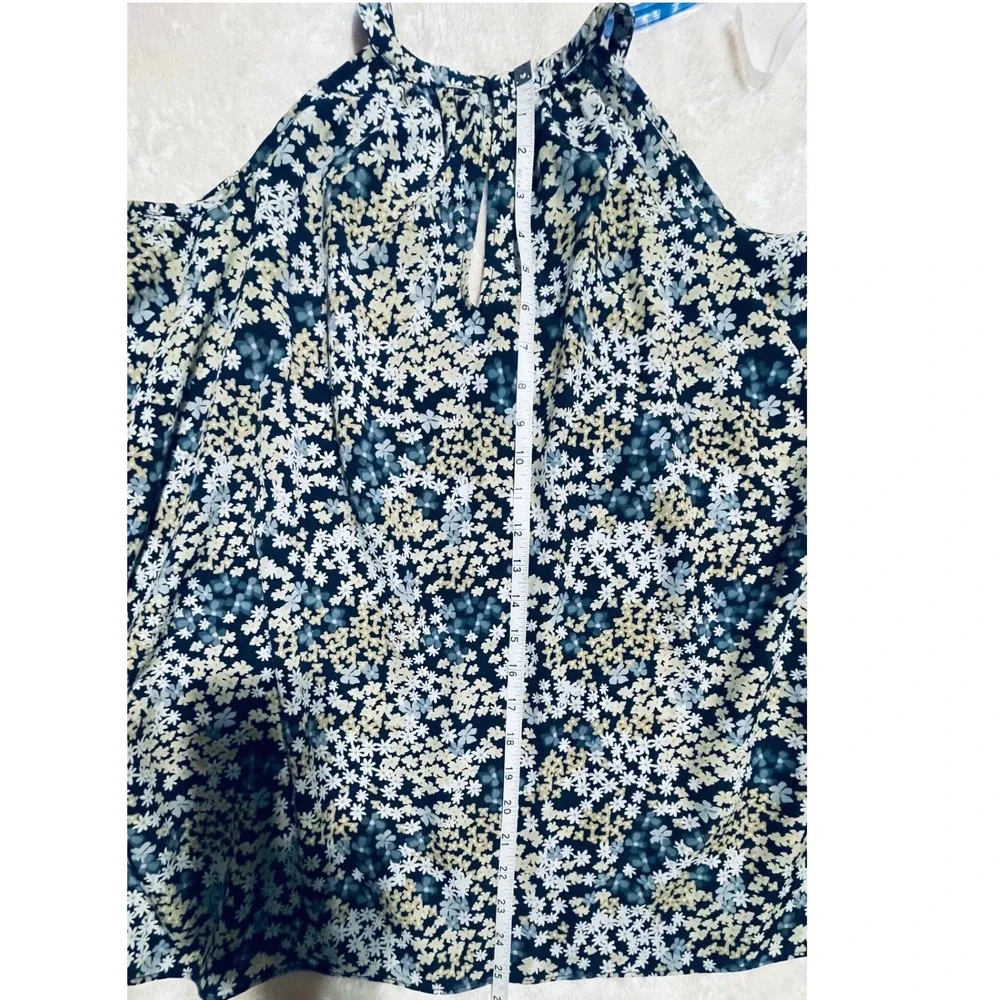 Michael Kors‎ Floral Cold Shoulder Chain Halter Neck Blouse Navy Blue Cream L